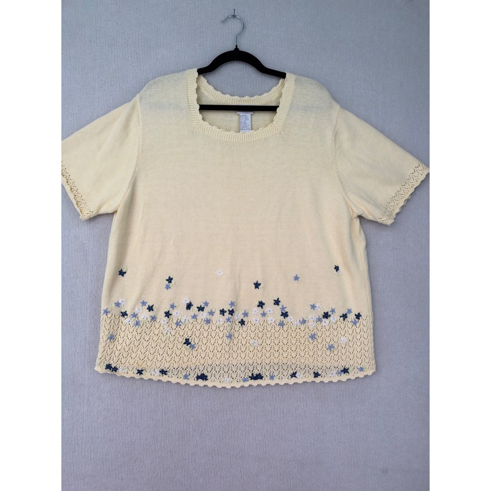 Vintage Koret Francisco 1X Cream Floral Embroidered Crochet Knit Sweater Top